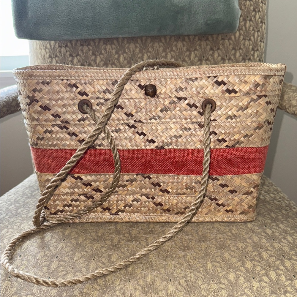 Stylish Red and Tan Woven Tote Bag, handmade by a Bahamian native